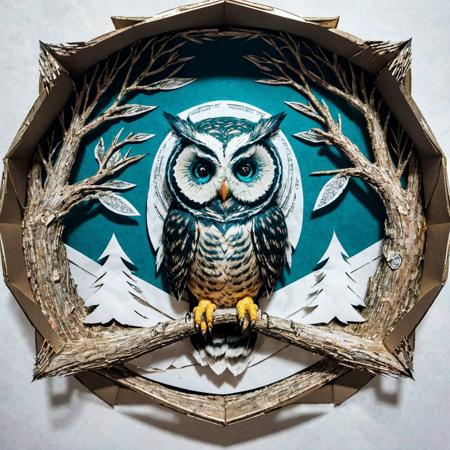 RAW photo, 8k uhd, Analog style, (Masterpiece, Best Quality, Highres:1.3), dramatic, cinematic, (paper-cut craft:1.3), BREAK,
intricate (paper-cut craft:1.4) of mysterious intricate ornamented (owl:1.4), (beige square photo-frame:0.7), circle mask, (forest, mountain:1.3), (winter, moon:0.5), (green, blue, brown, white:1.1), (black, gold:0.8), (paper-cut craft, colorful, layers, flat, fabulous, children's book:1.2), cardboard, bronze, (hyperdetailed, absurdres:1.1), BREAK,
<lora:more_details:0.1>