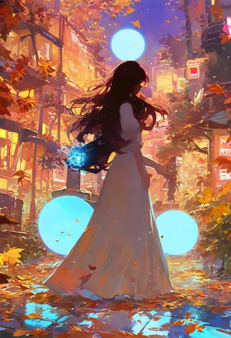 score_9, score_8_up, score_7_up, 1girl, long dark hair, silhouette, full body, white dress, large leaves, neon lights, purple and blue lighting, glowing orb, night, outdoor, detailed, backlighting