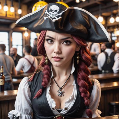 closeup photo of an 25 year old woman wearing a pirate outfit like in the one piece manga  in a bar, detailed, realistic, 8k uhd, high quality