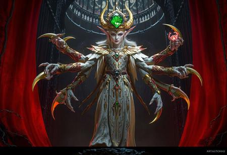 Discover a mystical, powerful elf, standing proudly against a dark Nightmare's Steelcage. Dressed in white with golden and red accents, the elf's head dons a large green gem. With multiple arms and legs, the intricately patterned body exudes both functionality and artistry. The 4K, highly detailed is ready for action. This breathtaking, concept art embodies vibrant colors, dynamic action pose, and captivating lighting. Experience an epic, colorful environment with sharp lines, inspired by artists like Alphonse Mucha, Wlop, and Greg Rutkowski. This masterpiece, rendered with Octane, is ready to trend on ArtstationHQ.