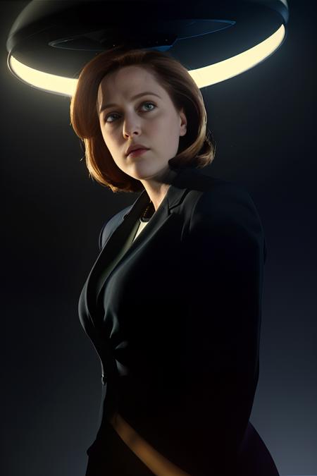 Dana Scully, standing in a strong and blinding light from a flying saucer, night, dark sky, dramatic light, from above, 
<lora:DanaScullySD-000002:1>