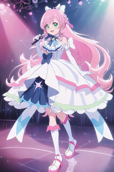 pink and white dress with dark blue inner slip skirt, white gloves, light blue ribbon, pink and white boots, green eyes, pink long hair, smile, Cure Prism