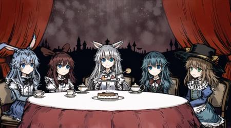 multiple girls, four girls, alice in wonderland, alice, mad hatter girl wearing black hat, march hare, cheshire cat girl, table, white blanket, tea cups, teapot, cake, spoon, intricate details, cinematic lighting, stunning environment, ornate, outdoors, insanity, eldritch, surreal,

<lora:black-souls-5:1.0>