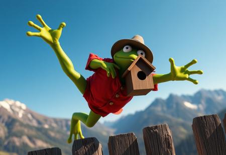 A high-resolution photographic image capturing a muscular warrior Frog, perched precariously on a weathered wooden fence. He is in a dynamic, playful star-like pose with arms and legs fully extended. Kermit wears a vibrant red shirt and a brown hat. In his hands, he holds a detailed brown birdhouse, poised as if about to release a bird into the wild. The background is a picturesque mountain landscape under a clear blue sky, emphasizing the outdoor setting. The scene conveys a moment of whimsy and adventure, characteristic of Kermit. Achieved with Octane Render and Unreal Engine 5 for stunning realism. Features: 4K, Exceptional Quality, More Detail, Lifelike Details, Super Detailed Face and Eyes and Clothes, Handcrafted with Precision, High Quality, Sharp Lines, Stunning Colors, Harmonious Colors, Multi Colored, Contemporary Aesthetics, Impeccable Composition, Creative Angle, Attractive Background, Balanced Editing, Intentional Focus, Well-timed Moment, Captivating Lighting, Beautiful Detailed Eyes, CGSociety, Artstation Trending on ArtstationHQ, trending on artstation, 8k.