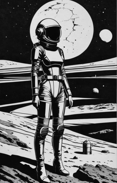 abstract geometric gradients, landscape inkdrawing, a sexy and (curvy:1.5) and (busty:2) (Macanese 20 yo woman:1.2) retro-futuristic cosmonaut with a smug smile wearing a glass dome helmet and spacesuit with harness (with futuristic power plant:1.2) on alien landscape surface mostly made up of bright water ice with reddish-brown cracks slicing the surface, crisscrossed by long, linear fractures, cracks, ridges, and bands, new Moon, at sunrise, <lora:SDXL_Inkdrawing_v1:1>, black on white