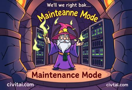 "A cartoon of a wizard casting spells to fix malfunctioning servers in a magical tower, with the text 'Maintenance Mode', watermark at the bottom with the text 'civitai.com', tag line at the top with the text 'We'll be right back...'"