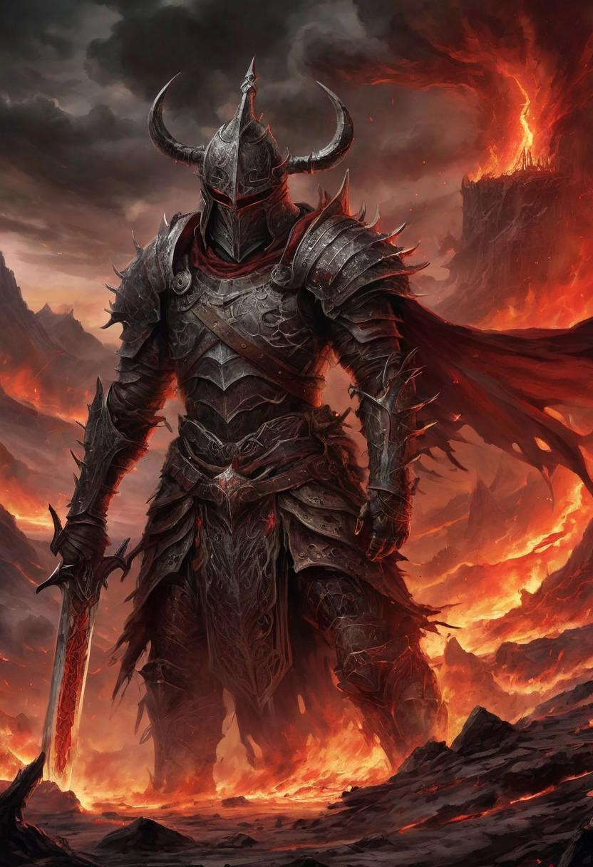 Under the blood-red sky of a forgotten battlefield, a towering warrior clad in blackened steel strides across the charred earth, his massive sword trailing behind him, leaving a trail of molten fire in its wake. His armor glows faintly with a crimson light, pulsating with the dark energy of the cursed blade he wields. Around him, the scorched remnants of fallen enemies litter the ground, their bones cracking beneath his heavy boots as he walks toward an ancient, crumbling gate in the distance. The air is thick with smoke and ash, the distant roar of dragons echoing across the barren landscape. The scene captures the epic scale of dark fantasy warfare, drawing from the brutal beauty of Berserk and the mythic intensity of The Lord of the Rings' battles.<lora:MysticFantasy>