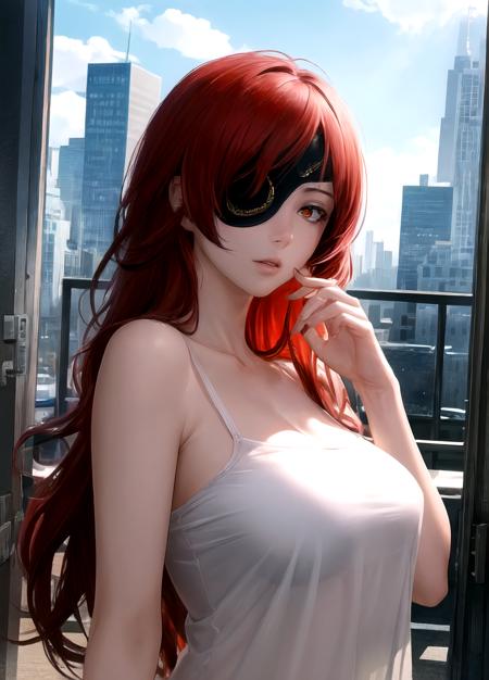 (best quality, masterpiece, official art, highres:1.2), extremely detailed CG unity 8k wallpaper, ultra detailed, portrait shot of slutty girl, eye contact, large breasts, short shirt, city background,  <lora:Hwa_Ryun:1>,  red hair, long hair, eyepatch, red eyes, Hwa Ryun