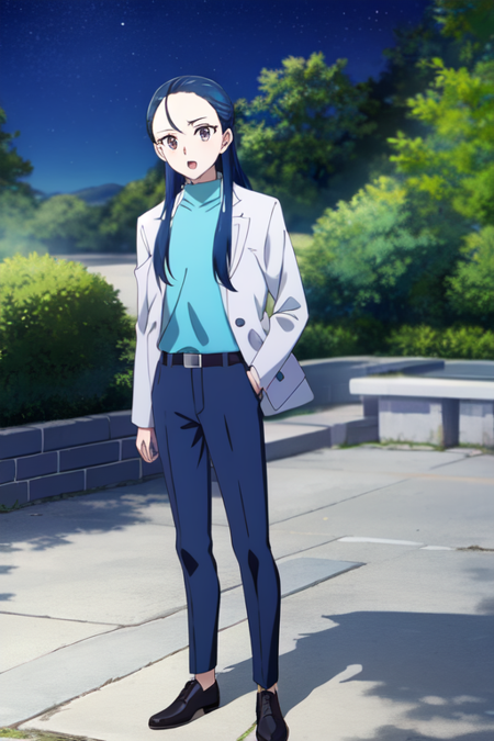 kiryuukaoru, blue sky, night, standing, full body, turtleneck, blue shirt, open mouth, open clothes, tree