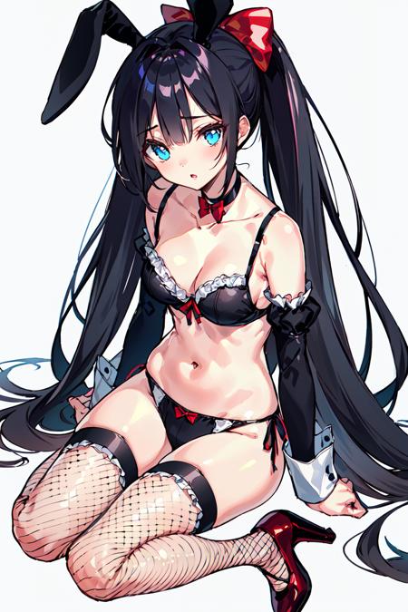 <lora:DSmile:0.8>1girl, solo, long hair, underwear, breasts, bra, looking at viewer, black hair, fishnets, panties, sitting, thighhighs, blue eyes, rabbit ears, animal ears, collarbone, puffy sleeves, navel, parted lips, detached sleeves, bare shoulders, white background, choker, striped, fake animal ears, short sleeves, cleavage, very long hair, hair bow, puffy short sleeves, simple background, ponytail, bow, fishnet thighhighs, bangs, rabbit tail, frills, arm support, red choker, medium breasts, tail, frilled panties, stomach, frilled bra, blush, red bra, lingerie, black footwear, wrist cuffs, high heels