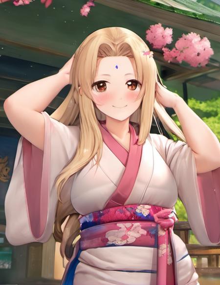 (masterpiece:1.4),best quality, 1girl, (huge breasts:1.3), curvy, hyperdetailed, adult, mature, woman, heart hair ornament, blush, thick lips,full body,
 ,kimono, japanese clothes,bra, <lora:ttsunade1:1>, long blonde hair,