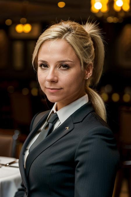 business suit, in a restaurant,  <lora:Sarah_Jane_Honeywell:1> masterpiece,best quality, detailed face, 1girl, solo, sj1873h, blonde_hair, pony tail