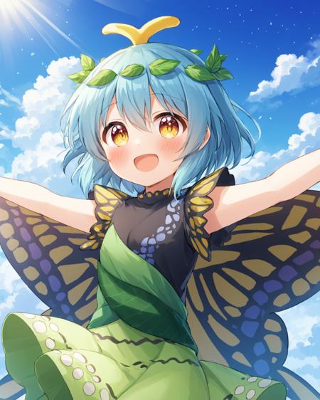 eternity larva,1girl, solo, leaf_on_head, open_mouth, antennae, multicolored_dress, green_dress, blush, butterfly_wings, fairy, upper_body, short_sleeves, smile, spread_arms, day, cloud, sky
<lora:eternity_larva_image1690_2023-12-20:1>,star-shaped_pupils,symbol-shaped_pupils,. gorgeous,key visual, vibrant, studio anime,award-winning, professional, highly detailed,high budget, cinemascope