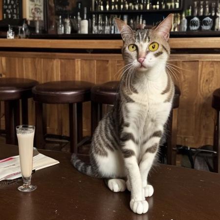 A bored cat sitting at a bar, drinking milk from a straw