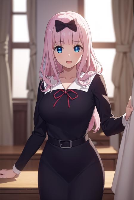 chikafujiwara, <lora:chika fujiwara s3-lora-nochekaiser:1>,
chika fujiwara, long hair, bangs, blue eyes, bow, pink hair, (hair bow:1.2), blunt bangs, black bow, smile, open mouth,
BREAK long sleeves, dress, ribbon, school uniform, collarbone, (black dress:1.2), sailor collar, white sailor collar, red ribbon, neck ribbon, shuuchiin academy school uniform,
BREAK indoors, classroom,
BREAK looking at viewer, (cowboy shot:1.5),
BREAK <lyco:GoodHands-beta2:1>, (masterpiece:1.2), best quality, high resolution, unity 8k wallpaper, (illustration:0.8), (beautiful detailed eyes:1.6), extremely detailed face, perfect lighting, extremely detailed CG, (perfect hands, perfect anatomy),