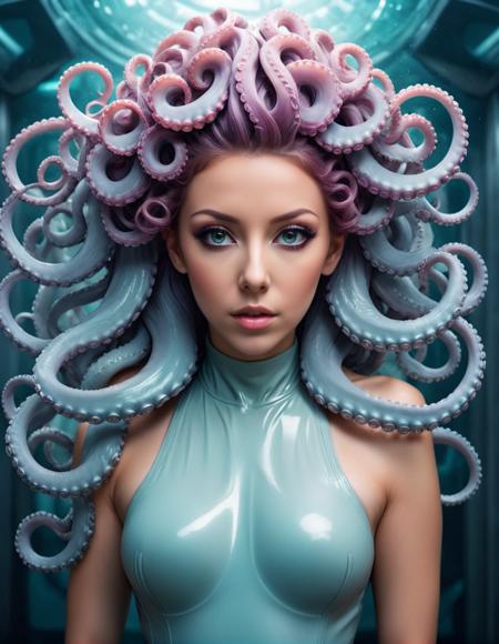 cinematic photo <lora:TentacleFFashion.SFW.FFusion:1> a woman with octopus tentacles in her hair, beautiful octopus woman, portrait of an octopus goddess, cyberpunk medusa, beautiful futuristic hair style, long flowing medusa hair, portrait of teenage medusa, futuristic hairstyle, some tentacles are touching her, octopus goddess, tentacles growing from its face, covered with tentacles, young woman as medusa, beautiful female gorgon,(close portrait:1.3),(Feminine:1.4),(beautiful:1.4),(attractive:1.3),handsome,calendar pose,perfectly detailed eyes,studio lighting,thematic background . 35mm photograph, film, bokeh, professional, 4k, highly detailed