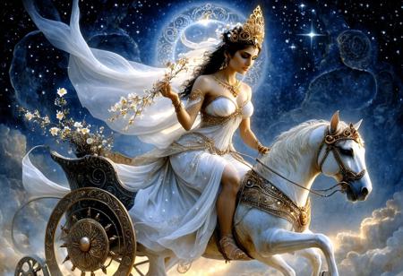 Stylized ink artwork of the ancient persian goddess Anahita. She wears an immaculate white gown riding a chariot, a golden tiara on her head. She holds a flowering twig in one of her hands and a shield in the other one,  The whole scene is viewed from below as she descend from the starry sky. Warm highlights and shadowly gradients enhance her mystical presence. The image has natural deep shadows and bright warm lighting lighting. high detail realistic skin texture, skin pores, masterpiece, cinematic quality, bokeh, depth of focus, realistic fantasy photo, gorgeous aesthetic, in the style of Luis Royo and Milo Manara., circle of light above her head