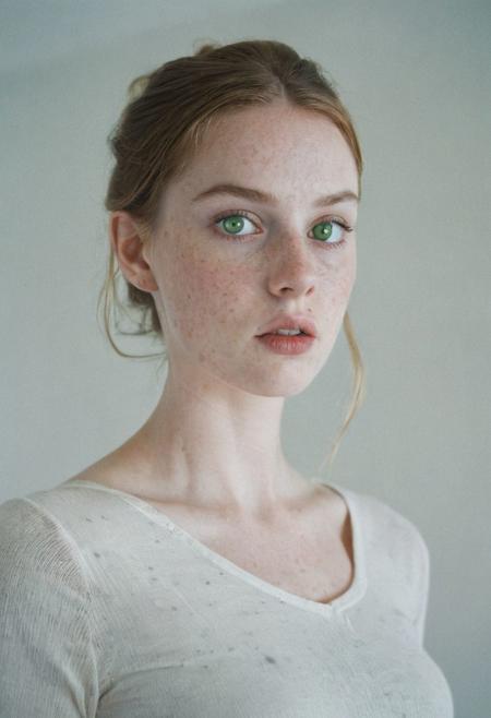 Retro film photo  in great natural lighting, low contrast and subdued. Film distortion and flaws, grainy blur in spots. A beautiful young woman with green eyes and Italian heritage vaguely resembling Tyler, Liv. Pale skin, the lightest freckles, hair pulled back into a tight ponytail. Full cheeks, rounded chin. 
She displays her body, coyly but suggestively, her soft breasts and fit body enticing. 
 inviting intimacy, thin wrists, slender waist, length legs, pubic mound. And thigh gap.  She is aching to make love but is also coy and hesitant, lacking self esteem. 
She looks tired and Strung out, but she is also achingly aroused and super turned on. Sensual passion, achingly horny.  White studio and pale.