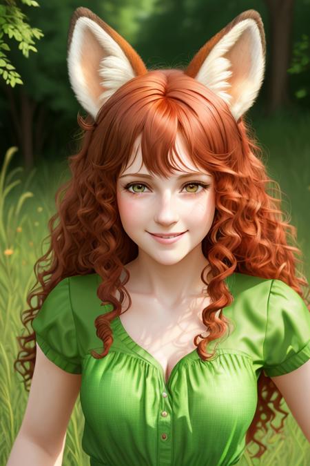 masterpiece, best quality, masterpiece, adult, girl, realistic fox ears , ((long)) red curly hair, bright green eyes, realistic, barefoot, flat chest, happy smile, bright green dress, full height portrait, photorealistic, masterpiece, trend on artstation, by wlop, high resolution, detailed