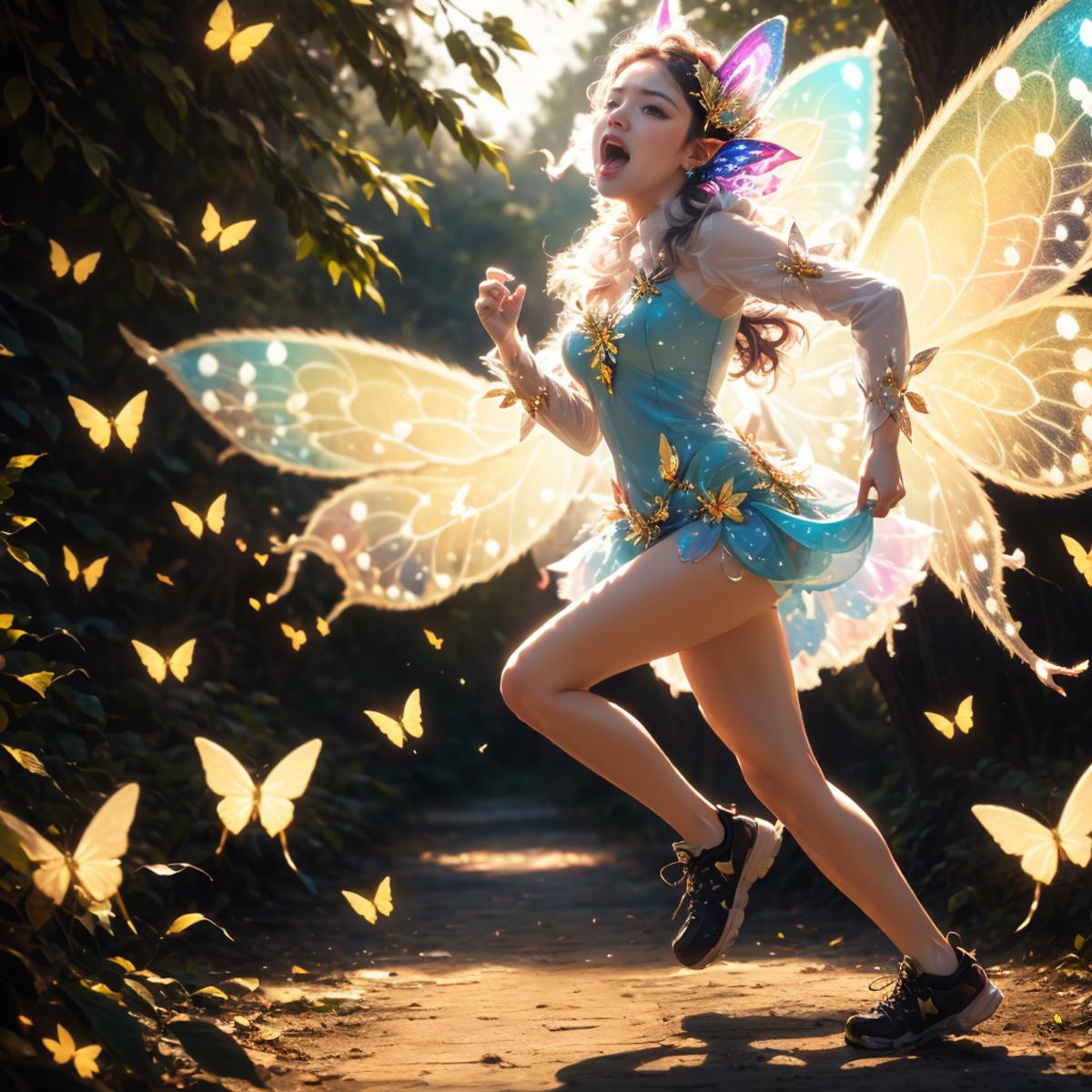A young woman dressed as a fairy, running with butterflies flying around her.