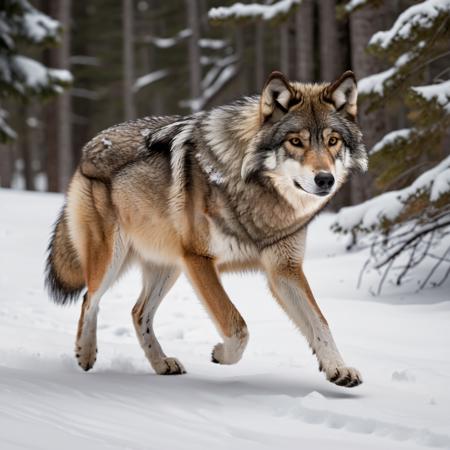 Lone wolf trotting, thick winter fur, detailed snowflakes, soft breath visible in cold air, alert eyes, snow-covered forest backdrop, realistic fur texture, subtle muscle movement, natural color palette, high-definition clarity, Kodak film realism, 8K UHD precision.