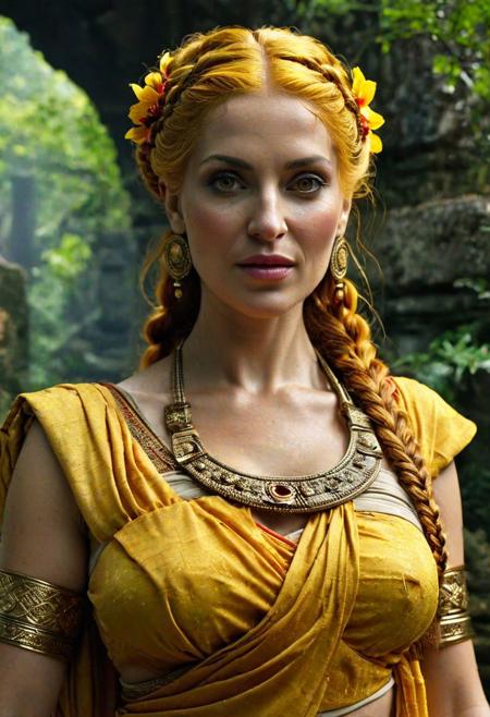 style: photorealistic, 
highly detailed, 
high resolution, 
a malicious amazon woman wearing an antique long roman toga with golden applications, 
(in her late 40s:3),
(plump:3), 
evil and dismissive smiling, 
glowing yellow dragon eyes, 
extravagant colored hair with long braids, 
strong wrinkles, 
stretch marks, 
cellulite,
(looking at camera:2.5)
standing proudly in a large rain forest with ruines of ancient greek buidlings, 
the scenerie is full of very warm light and colors
<lora:WildcardX-XL-Detail-Enhancer:1.5>