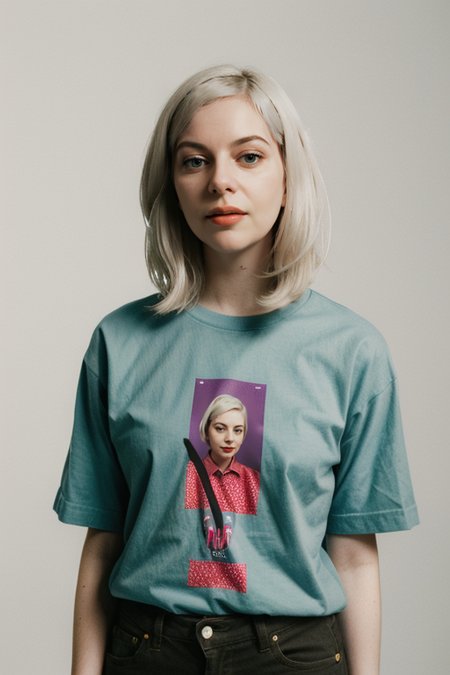 MollyRankin, photography by ((Mick Rock:1.3)), portrait, (red lipstick), smile:1.7, tucked-in t-shirt, khaki shorts