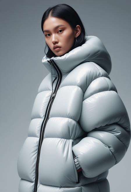 a  well lit fashion shoot portrait of extremely beautiful female wearing massively over size puffer jacket by craig green, dingyun zhang, yeezy, balenciaga, vetements, sharp focus, clear, detailed, , cinematic, detailed, off white, glamourous, symmetrical, vogue, editorial, fashion, magazine shoot, glossy