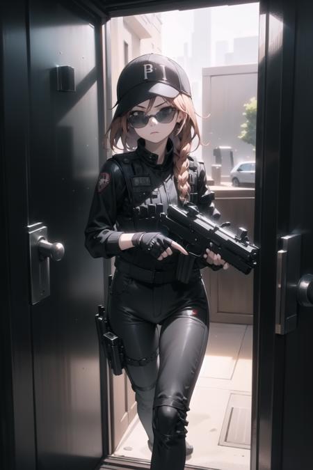 <lora:ash-000037:1> asop, asdef, black jacket, black shirt, vest, pants, black pants, fingerless gloves, baseball cap, sunglasses,
1girl, doorway, door, handgun, holding weapon, serious