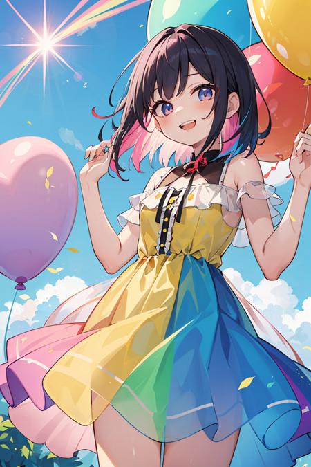 (masterpiece), best quality, high resolution, highly detailed, detailed background, sharp focus, perfect lighting, lens flare, (colorful, vivid color:1.4), 1girl, medium hair, multicolored hair, summer dress, colorful dress, sky, balloon, grin, naughty, open mouth, see-through silhouette,