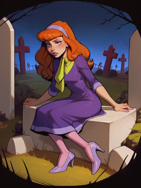 daphne blake, 1girl, solo, hairband, long hair, pantyhose, orange hair, dress, high heels