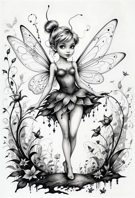 Tinkerbell, in the style of illustrative pen and ink, eerie whimsy, youthful protagonists, sensitive characterization
