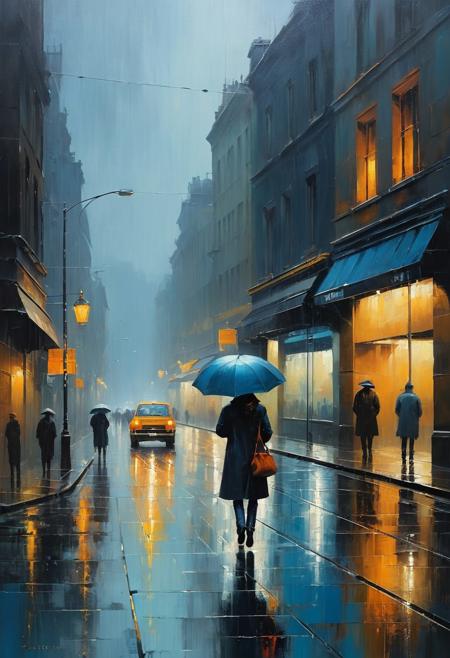 To discover the mode of life or of art whereby your spirit could express itself in unfettered freedom, atmospheric urban painting, expressive brushwork, moody cityscapes, cinematic light and shadow, painterly textures, soft focus realism, dark evocative palette, muted blues and warm ambers, rainy reflections, solitary figures, contemporary romanticism, emotional depth, abstraction and realism, modern city mood, nocturnal introspection
