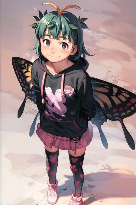 masterpiece, best quality,  <lora:EternityLarva:1>, <lora:comiclo:1>,1girl, solo, skirt, thighhighs, antennae, heart, hood, wings, butterfly wings, one eye closed, leaf, bag, full body, backpack, shirt, short hair, jacket, heart print, pink skirt, black thighhighs, boots, black shirt, long sleeves, standing, leaf on head, aqua hair, hooded jacket, pink footwear, argyle background, hoodie, miniskirt, hood down, alternate costume, argyle, looking at viewer, leaf hair ornament, zettai ryouiki, smile, brown eyes, open jacket, hair ornament, open clothes, blush