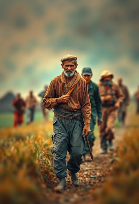 Warm terracotta and cool teal blurred bokeh, expressionist style, earthy palette, bold brushstrokes, simplified forms, robust figures, rural scene, somber mood, sharp subject focus, soft background, monumental composition, celebrating the working class.