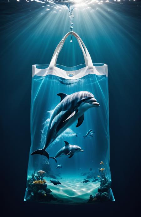 cinematic film still a bag with a picture of a dolphin inside of it, wwf, underwater ink env, fluid bag, inspired by Chris LaBrooy, creative photo manipulation, by david rubin, barreleye, stunning artwork, by Roberto Parada, panda, plastic sea wrapped, high contrast pinterest plastic, photo manipulation, by Fei Danxu, surreal water art . shallow depth of field, vignette, highly detailed, high budget, bokeh, cinemascope, moody, epic, gorgeous, film grain, grainy