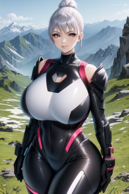 tronwear, black bodysuit, single hair bun, (mountain:1.2), outdoors, grass, gigantic breasts, smile, looking at viewer, wide hips, bare shoulder, cleavage cutout, <lora:tron:0.6>, <lora:Leirix2-10:0.6>, <lora:hyperfusion_279k_64dim-LoCon-v6:1>