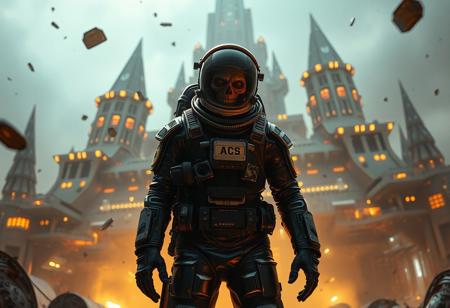 A cinematic shot of an undead lich astronaut in a vibrant metallic black spacesuit standing in the foreground, with a massive, ziggurat spacestation as the backdrop. The spacestation is adorned with numerous lights, windows, and technical details. The astronaut's suit is equipped with various gadgets and patches. The atmosphere is filled with floating debris and a hazy golden glow