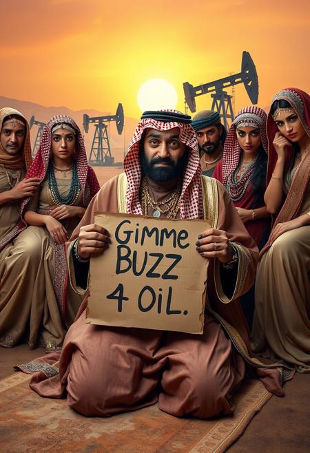 “A wealthy sheikh in luxurious traditional attire, kneeling in desperation, surrounded by his lavish harem. In his hands, he holds a crumpled, rotten cardboard sign reading ‘Gimme Buzz 4 Oil, Infidel.’ The harem members are adorned with ornate jewelry and flowing fabrics, exuding an air of indifference. The backdrop showcases towering oil pumping stations under a hazy desert sunset, with oil derricks actively extracting crude oil. The scene is infused with irony, blending wealth, power, and absurdity into a satirical narrative. Ultra-detailed, cinematic lighting, vibrant textures, and realistic shading.”