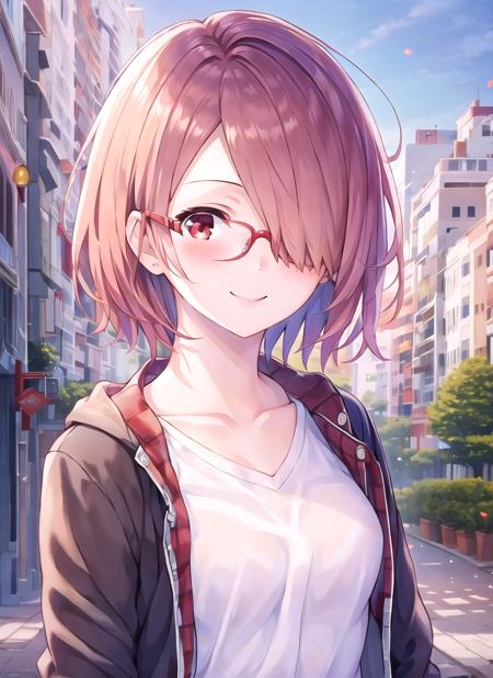 masterpiece, best quality, high quality, 1girl, solo,  <lora:hoshino_miyako:1>, hoshino_miyako, 1girl, anime screencap, solo, red eyes, short hair, red hair, hair over one eye, glasses, smile, t-shirt, looking at viewer, blush, outdoors, white shirt, upper body, collarbone, breasts, open jacket, blue cardigan