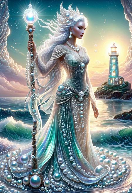 Concept: Pearlum, Miramba, priestess, tide, pearl lighthouse, opalescence, splendor, imagination, divine, texture, magic, character, female.
Core Elements: female figure, opalescent skin, silvery-white hair, ocean eyes, pearl accents, ethereal glow, marine environment.
Atmosphere: serene, divine, mystical, ancient, graceful, awe-inspiring, tranquil.
Setting Details: Miramba, a graceful figure, stands within a shimmering, opalescent Pearl Lighthouse. Water gently laps around her, reflecting ethereal light. No human presence.
Central Figure Details: pearl priestess. Her skin, subtly opalescent, shimmers with shifting colors. Attire, a flowing tunic woven from translucent, pearl-infused seaweed. Silvery-white hair cascades around her, glowing pearls. Ocean eyes, deep and luminous. She holds a staff, topped with a large, pulsating pearl. 
Lighting: soft, ethereal light, reflecting off opalescent surfaces and water. Shimmering glows from pearls. Emphasizes shifting colors, divine presence.
Composition: portrait, serene, majestic stance, central focus on Miramba. Background: shimmering Pearl Lighthouse, calm ocean, distant archipelagos.
Color Palette: dominant iridescent whites, creams, soft blues, greens, pinks, purples from opalescence. Deep aquamarine for eyes. Luminous glows. Ethereal, harmonious, fantastical.
Quality: Pearlum, photorealistic, ultra detailed, magical realism, enchanting atmosphere, visually striking, hyperrealistic, fantasy, character.