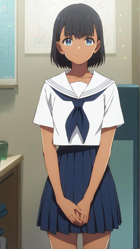 mio_kofune mio_kofune, an anime girl, 1girl, solo, looking at viewer, short hair, bangs, blue eyes, skirt, simple background, shirt, black hair, white background, closed mouth, school uniform, standing, collarbone, full body, white shirt, short sleeves, pleated skirt, shoes, serafuku, socks, dark skin, sailor collar, dark-skinned female, blue skirt, neckerchief, kneehighs, tan, white socks, sneakers, white sailor collar, blue neckerchief, grey footwear mio_kofune, an anime girl, 1girl, solo, looking at viewer, smile, short hair, bangs, blue eyes, shirt, black hair, dress, white shirt, short sleeves, outdoors, striped, apron, dark-skinned female, ground vehicle, striped shirt, basket, riding, bicycle, bicycle basket mio_kofune, an anime girl, 1girl, solo, short hair, bangs, blue eyes, black hair, dark-skinned female, 