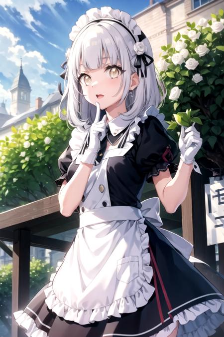 <lora:Elsie-02:0.7> ,Elsied4, looking at viewer, gloves, dress, holding, flower, short sleeves, outdoors, frills, puffy sleeves, white gloves, apron, puffy short sleeves, maid headdress, rose, white flower, white apron, finger to mouth, hair rings