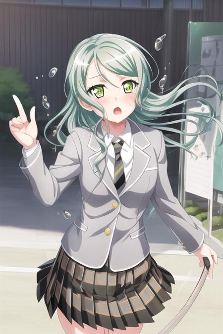 Sayo Hikawa, 1girl, aqua hair, blazer, blush, brown necktie, brown skirt, collared shirt, diagonal stripes, flying sweatdrops, green eyes, grey jacket, hair between eyes, hair twirling, hand up, jacket, long hair, looking at viewer, necktie, open mouth, plaid, plaid skirt, pleated skirt, school uniform, shirt, skirt, solo, striped, striped necktie, sweat, very long hair, white shirt
<lora:garupa_v1.0:1>