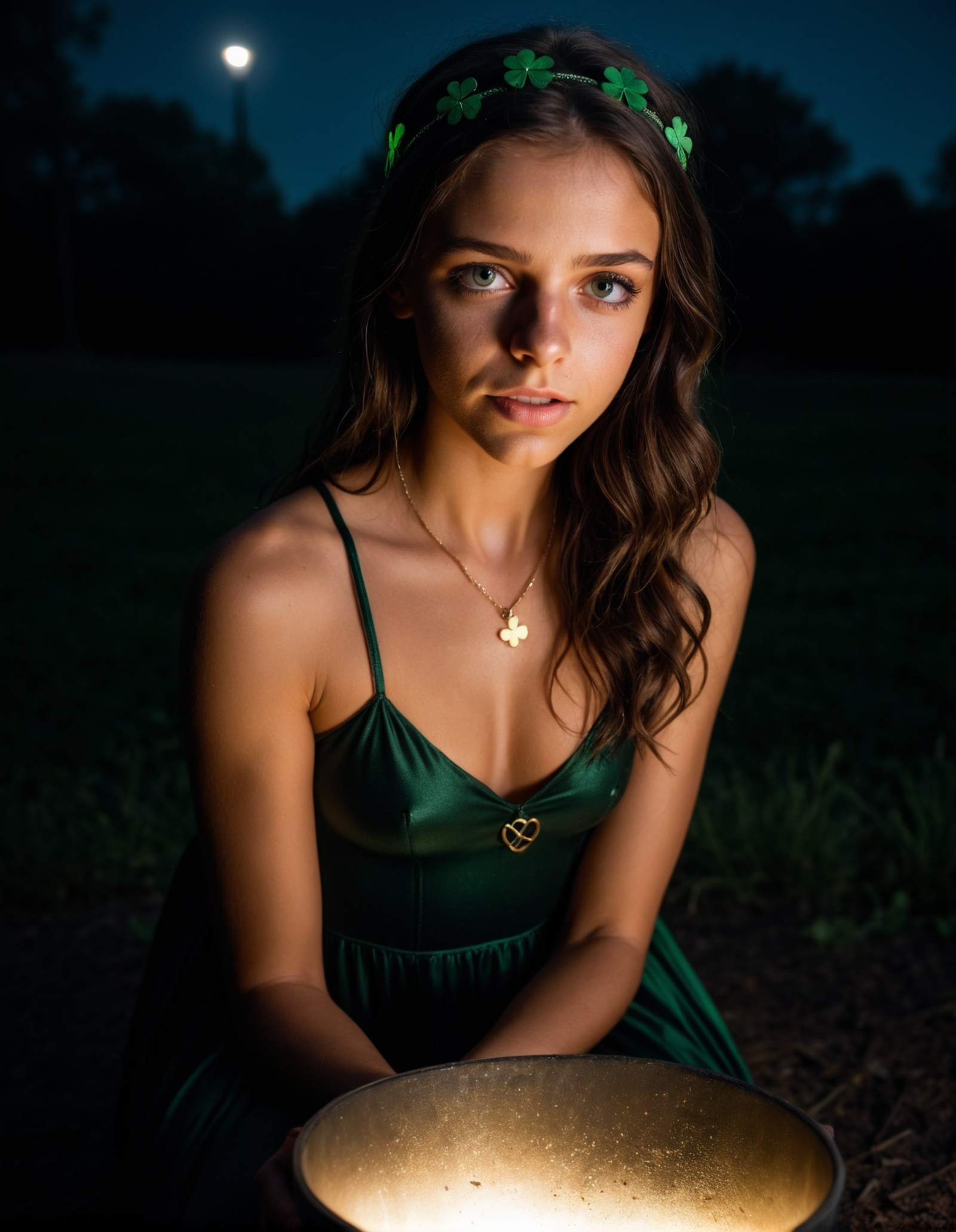 professional photographer photo, a italian 20yo cute girl in a very dark wood at night, black sky, Jenna Ortega shape, lea...