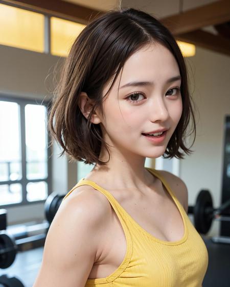 (photorealistic:1.4), (best quality:1.0), (ultra highres:1.0), 8k, RAW photo, (masterpiece:0.2), (smile, half-closed eyes:0.9), (yellow tanktop:1.5), gym, from side, (open mouth:1.2), 
<lora:zyd232_ChineseGirl_v3_9:0.5> zydG, 1girl, detailed skin, beautiful clean skin, looking at viewer, brown eyes, (small breasts:1.0)