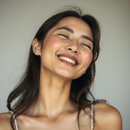 Beautiful Asian woman with nostrils wide, face flushed, mouth slightly open, head tilted back a bit, eyes half closed, pleased, aroused, head shot