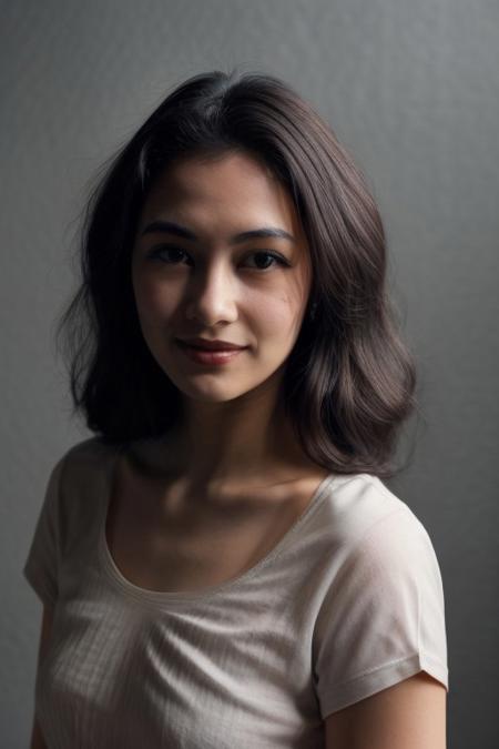 (1girl), shy smile, 25 year old, (plain white T shirt), Poking Nipples, (Rembrandt Lighting style), shadow, skin tone style, skin texture style, detailed skin, skin pore,