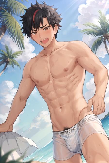 1boy, black_hair, brown_eyes, aqua eyes,  streaked_hair, :d, teeth, blush, abs, looking_at_viewer, male_focus, wet, sweat, male_focus, collarbone, :d,(bare shoulders), collarbone, (wet),(abs),(nude),bishounen,cowboy_shot, dappled_sunlight,  (bare body), ((boxer briefs)),male_focus, ((solo)), god rays, sea, coconut_trees,blue sky