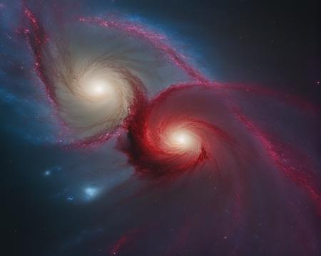cinematic photography, binary galaxies, two spiral galaxies colliding, feeding off each other, colorful, purple, red, white, blue,  
extreme detail, intricate detail, 8k,UHD, 35mm, ultra wide angle, stellar photography, (3/4 angle), 
 <lora:Galaxy:1>, Galaxy,  <lora:sss:1>, <lora:detailer-xl:1>,